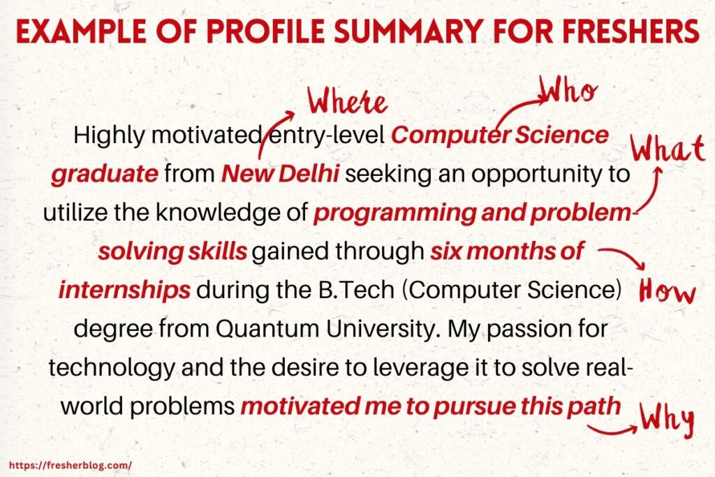 Example of Profile Summary for Freshers